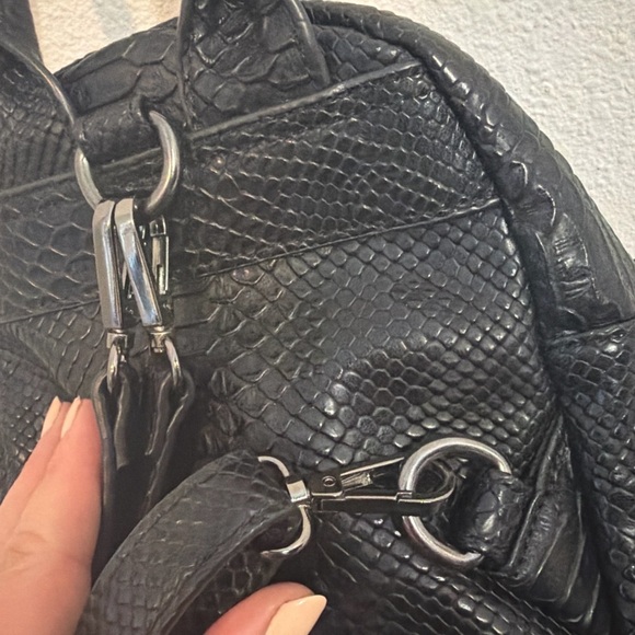 BCBG Paris Black Faux Snakeskin Mini Backpack Chain Detail